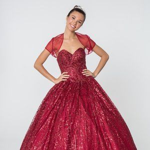 NEW LONG SLEEVELESS STRAPLESS BALL GOWN WITH LACE UP BACK & MESH CAPE GL2804